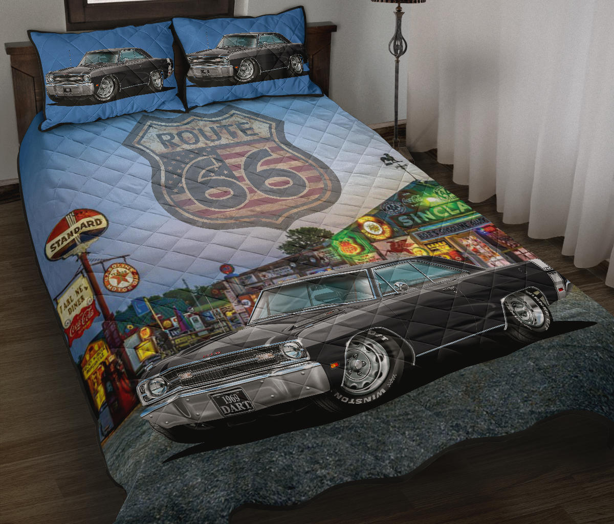 1969 Dodge Dart Black Muscle Car Route 66 Quilt Art Set view 1
