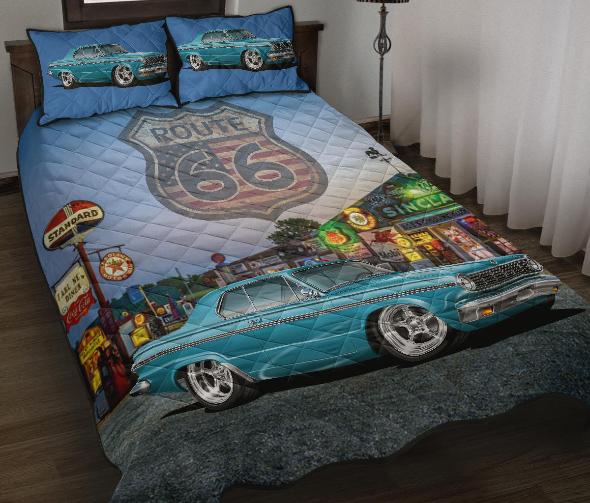 Retro 1965 Dodge Dart Blue Route 66 Custom Quilt Set view 1