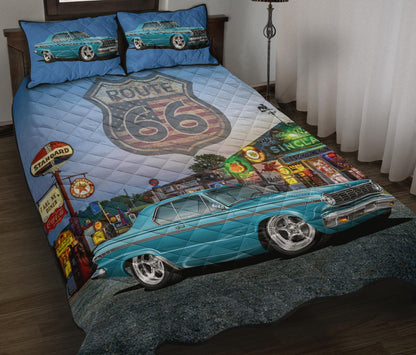 Retro 1965 Dodge Dart Blue Route 66 Custom Quilt Set view 1