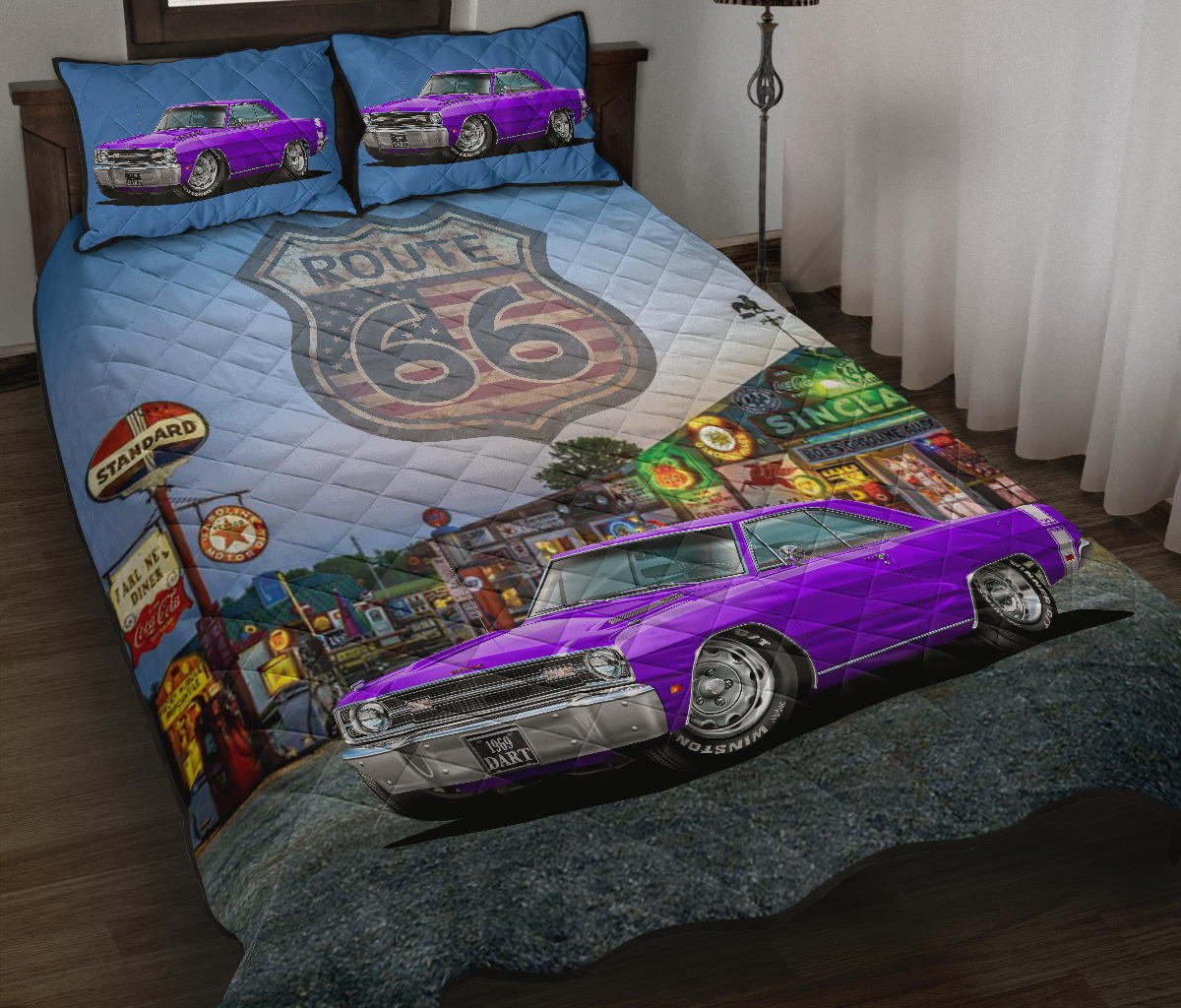 1969 Dodge Dart Purple Route 66 Muscle Car Printed Quilt Set view 1