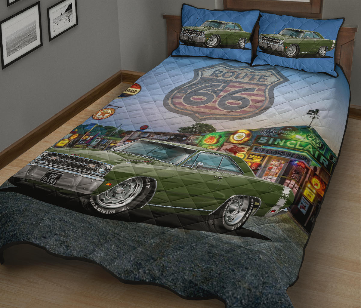 1969 Dodge Dart Dark Muscle Car Green Route 66 Quilt Art Set view 2