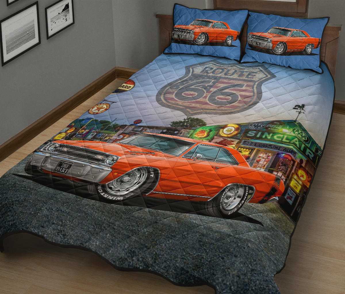 1969 Dodge Dart Orange Muscle Car Route 66 Custom Quilt Set view 2