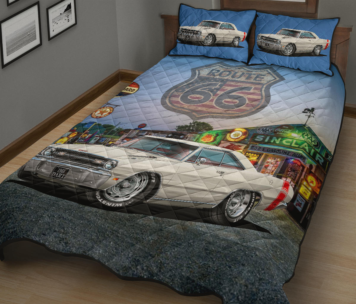 Retro 1969 Dodge Dart White Route 66 Custom Quilt set view 2