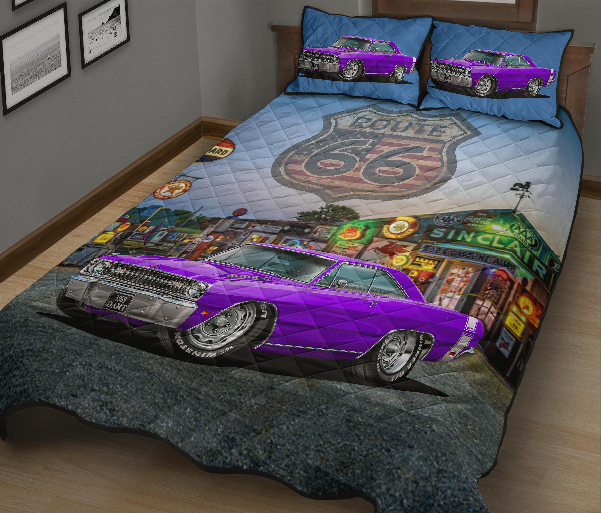 1969 Dodge Dart Purple Route 66 Muscle Car Printed Quilt Set view 2