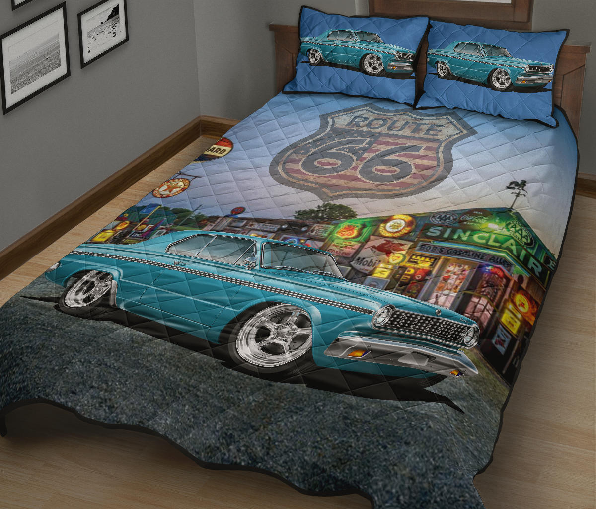 Retro 1965 Dodge Dart Blue Route 66 Custom Quilt Set view 2