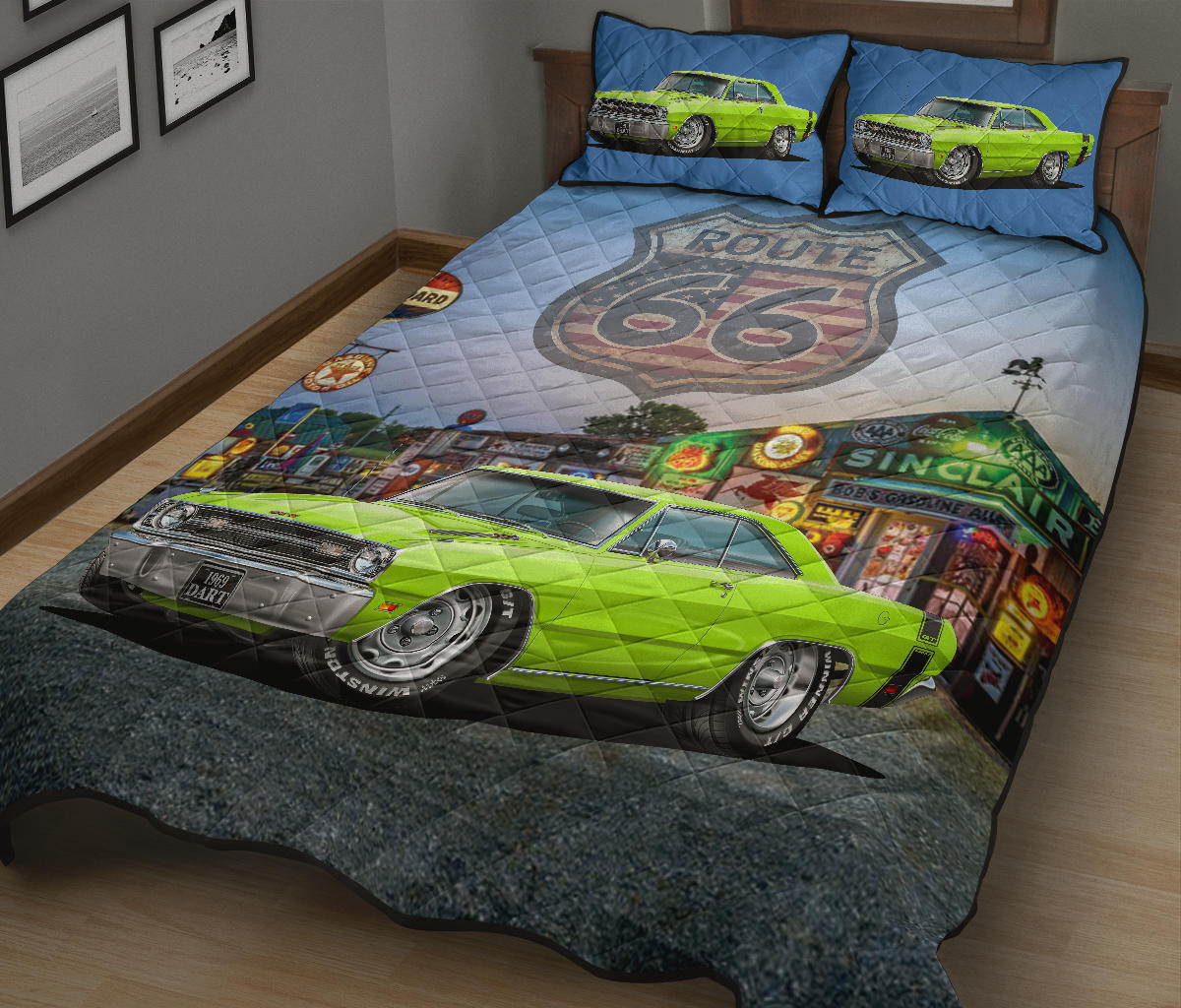 1969 Dodge Dart Lime Green Muscle Car Route 66 Quilt Art Set view 2