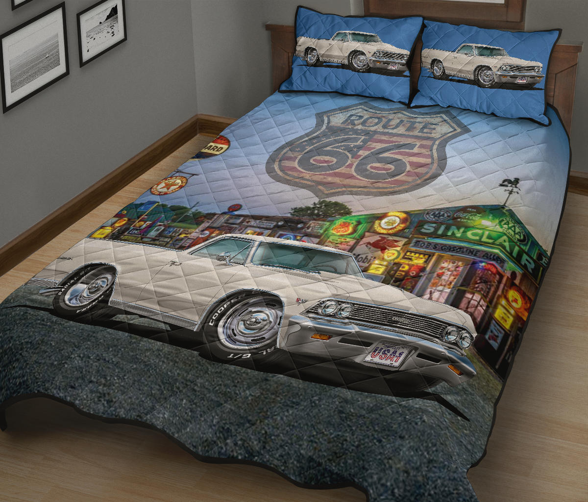 Retro 1966 Chevy El Camino Route 66 Custom Quilt Set view 2