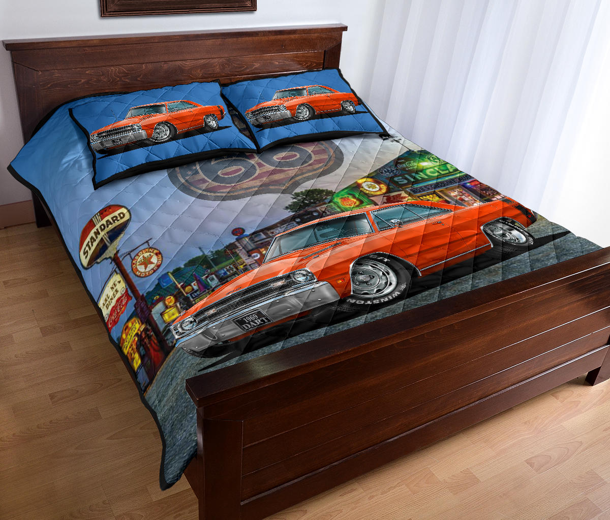 1969 Dodge Dart Orange Muscle Car Route 66 Custom Quilt Set view 3