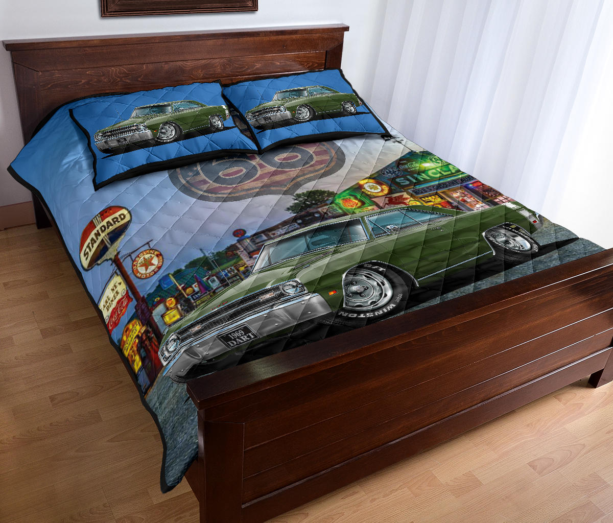 1969 Dodge Dart Dark Muscle Car Green Route 66 Quilt Art Set view 3