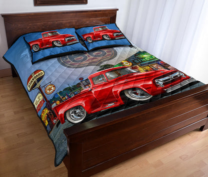 1956 Ford F100 Red Pickup Truck Route 66 Quilt Set