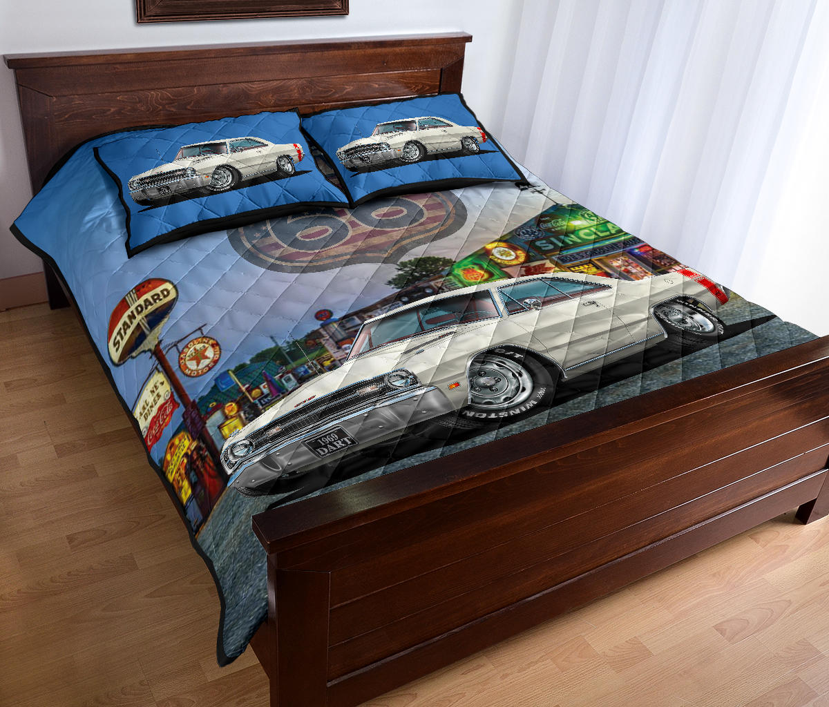 Retro 1969 Dodge Dart White Route 66 Custom Quilt set view 3