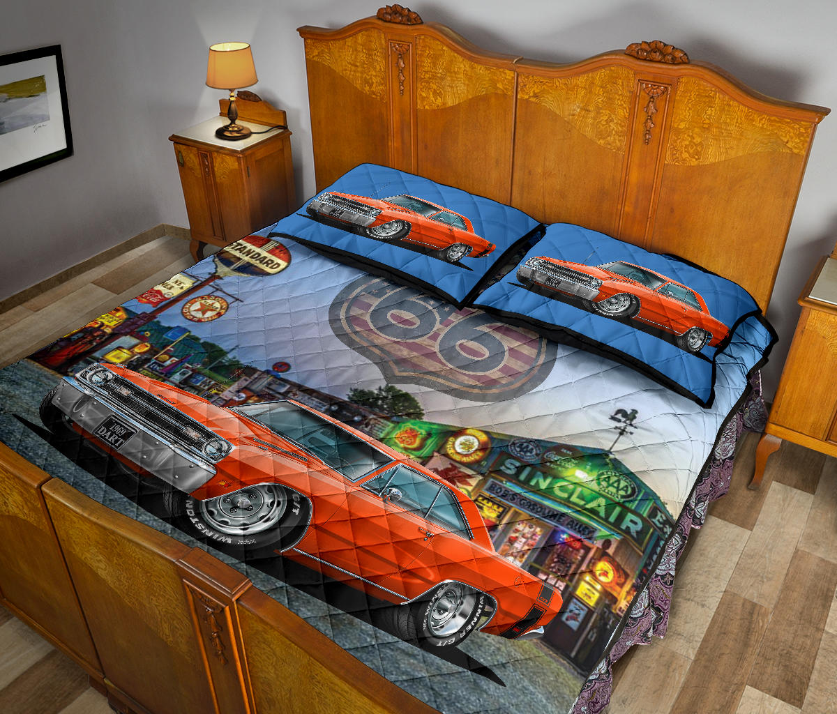 1969 Dodge Dart Orange Muscle Car Route 66 Custom Quilt Set view 4