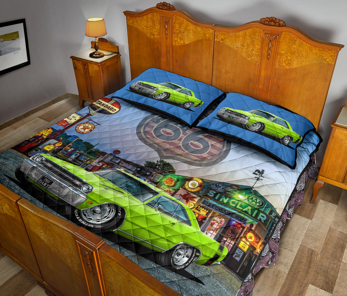 1969 Dodge Dart Lime Green Muscle Car Route 66 Quilt Art Set view 4