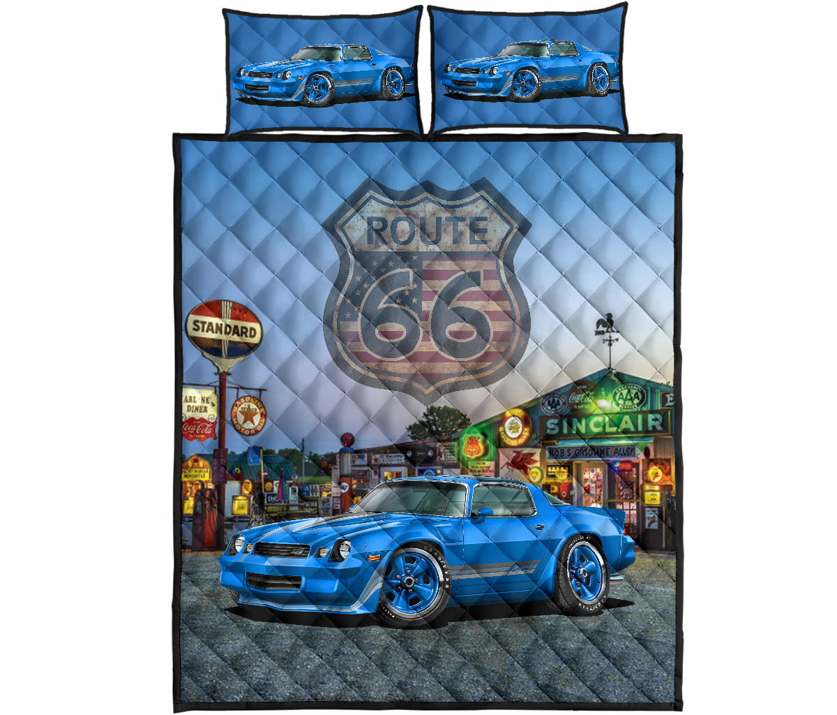 1981 Camaro Blue Muscle Car Route 66 Quilt Art Designs Set proof