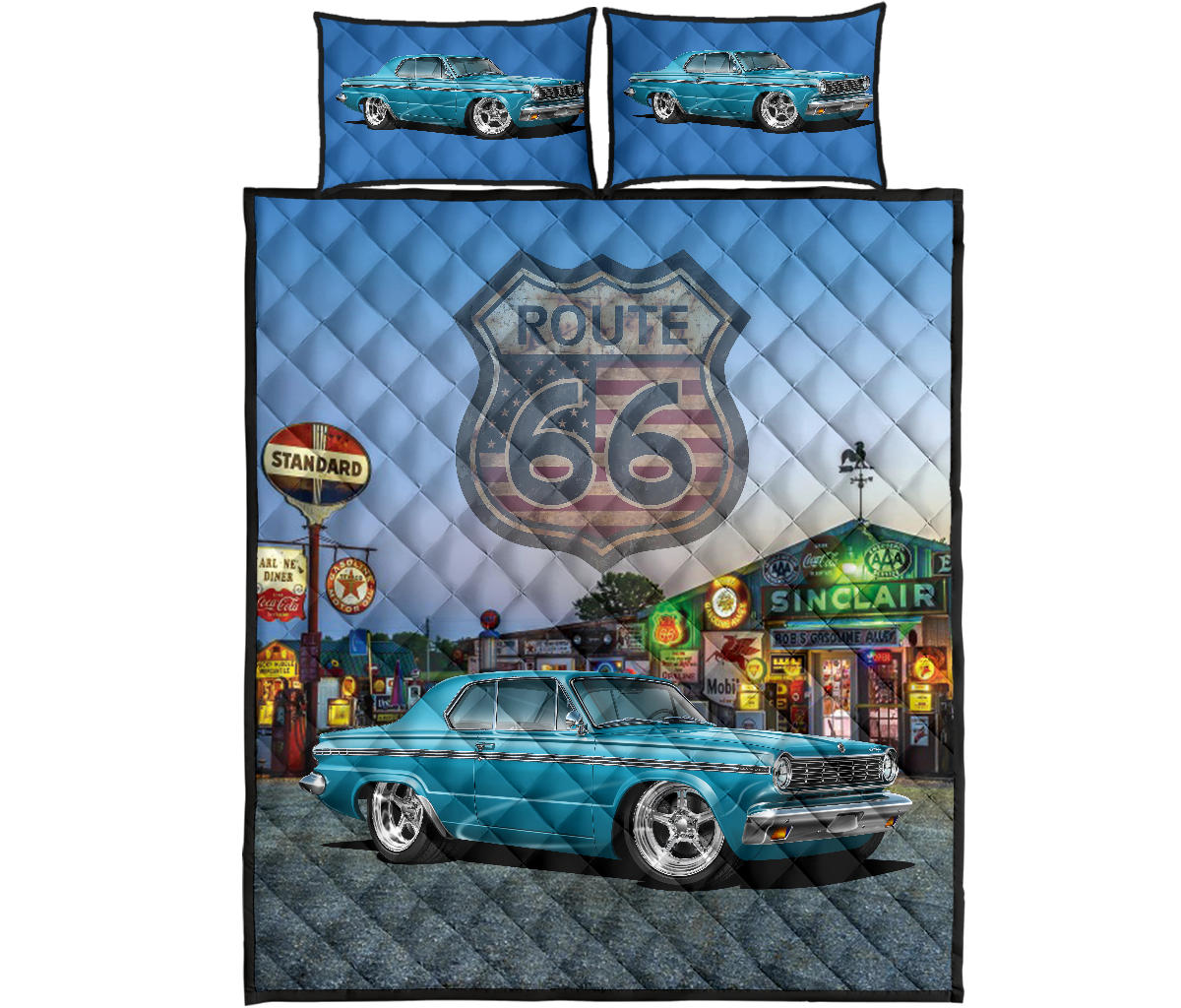 Retro 1965 Dodge Dart Blue Route 66 Custom Quilt Set proof