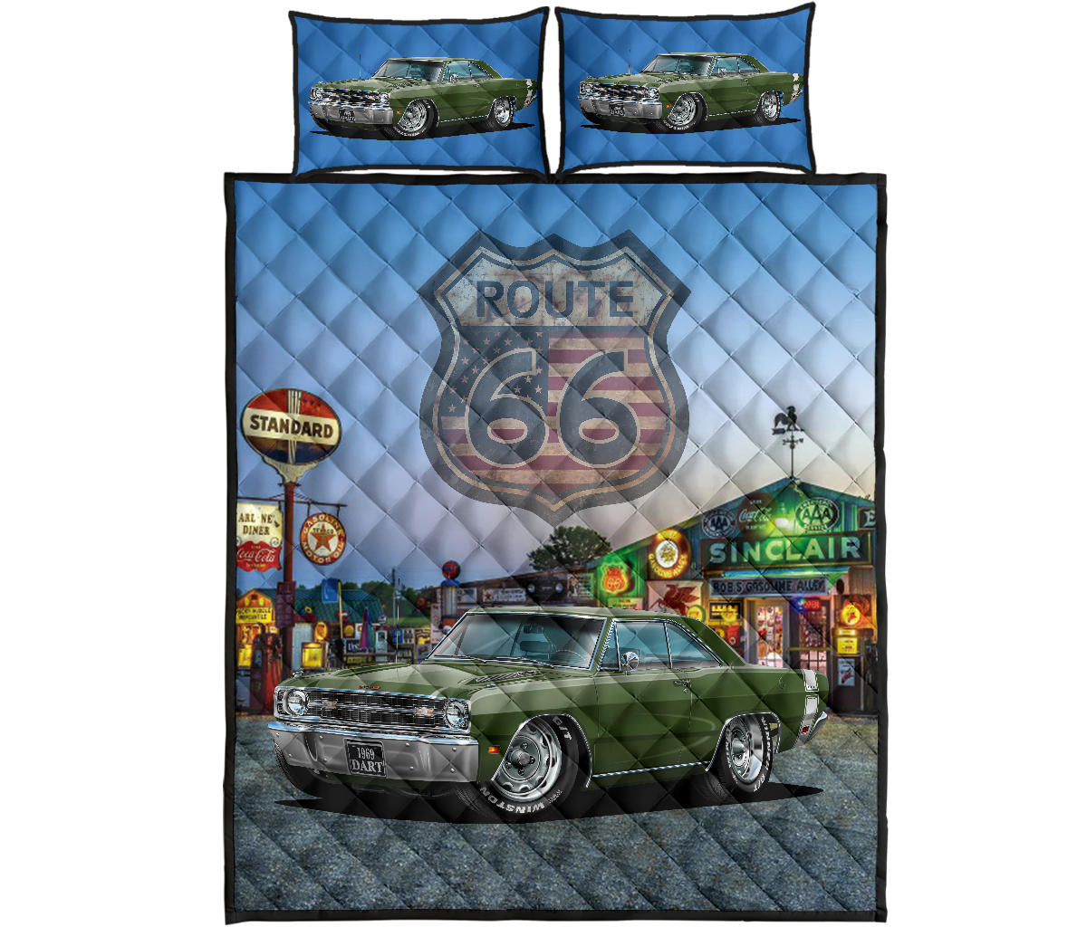 1969 Dodge Dart Dark Muscle Car Green Route 66 Quilt Art Set proof
