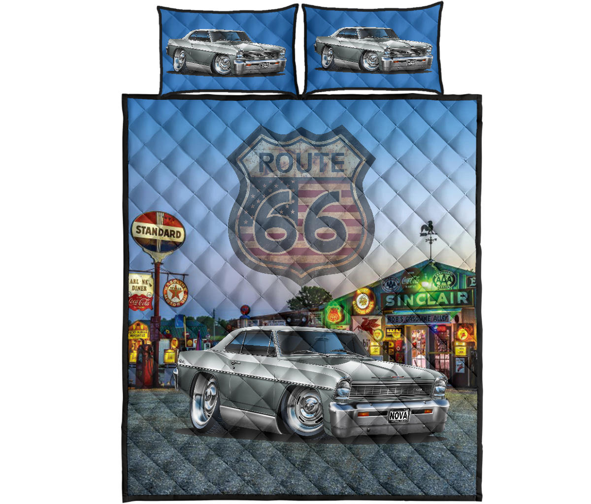 1966 Chevy Nova Silver Muscle Car  Route 66 Quilt Art Set proof