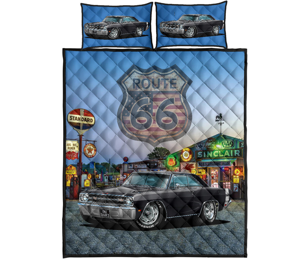 1969 Dodge Dart Black Muscle Car Route 66 Quilt Art Set proof