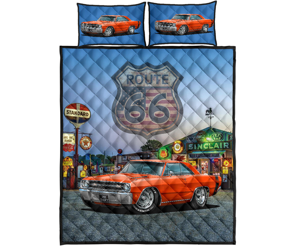 1969 Dodge Dart Orange Muscle Car Route 66 Custom Quilt Set proof