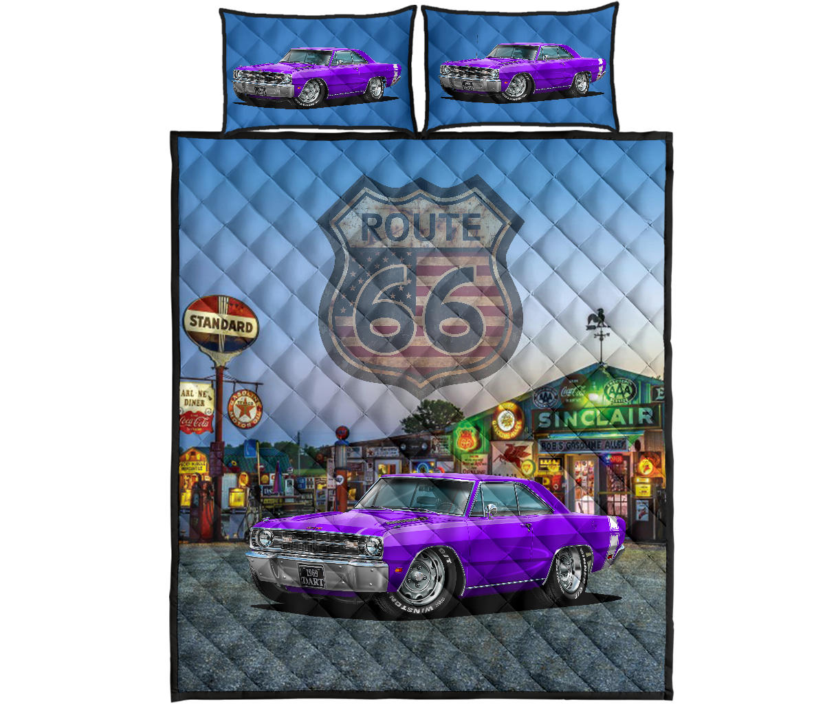 1969 Dodge Dart Purple Route 66 Muscle Car Printed Quilt Set proof