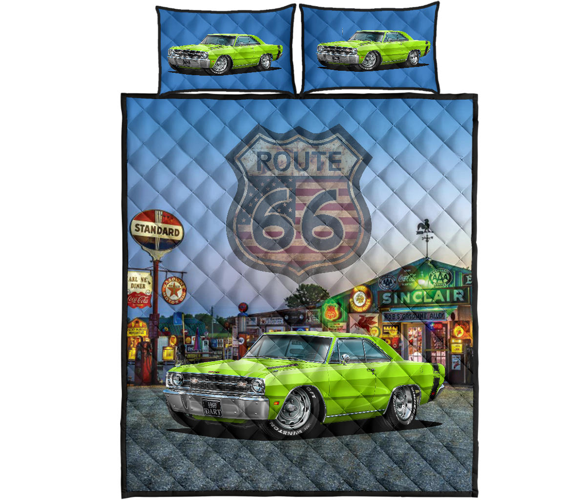 1969 Dodge Dart Lime Green Muscle Car Route 66 Quilt Art Set proof