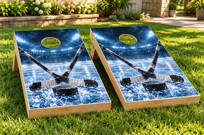 Frozen Rink Hockey installed cornhole board mockup; boards not included
