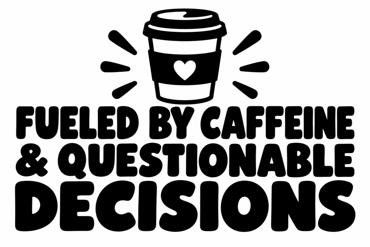 Fueled by Caffeine and Questionable Decisions flat artwork shown in black