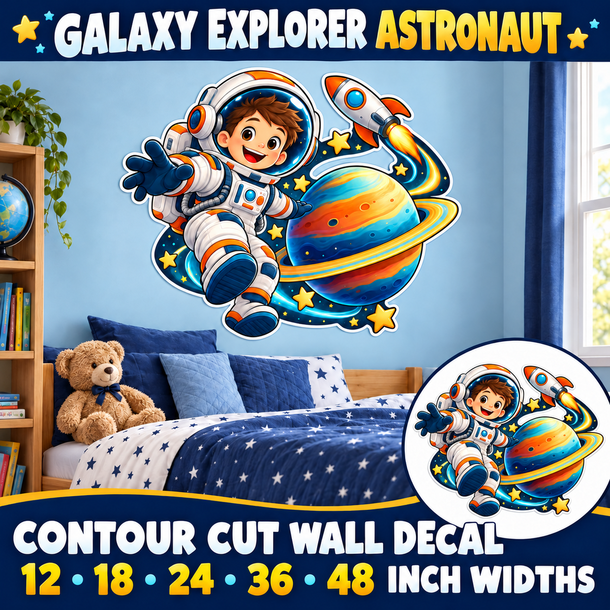 Galaxy Explorer Astronaut – Boys Room Wall Decal summary and bedroom mockup – 12 to 48 inch widths