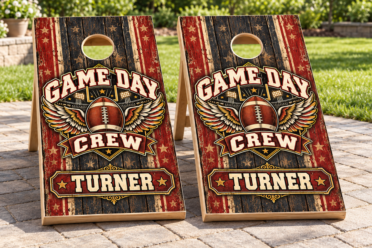 Game Day Crew personalized cornhole wraps - mockup