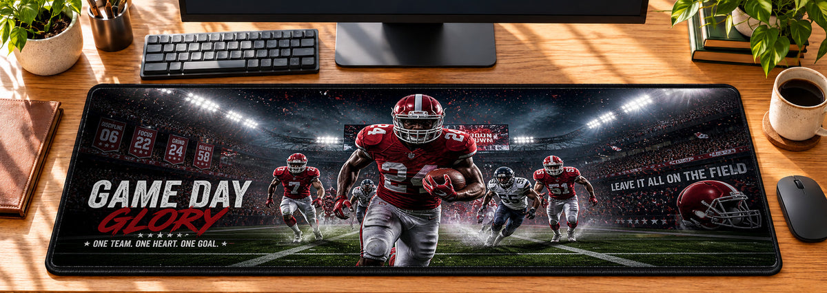 Game Day Football Glory Desk Mat in use on a warm wood office desk — overhead workspace view