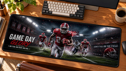 Game Day Football Glory Desk Mat in use on a warm wood office desk — angled workspace view
