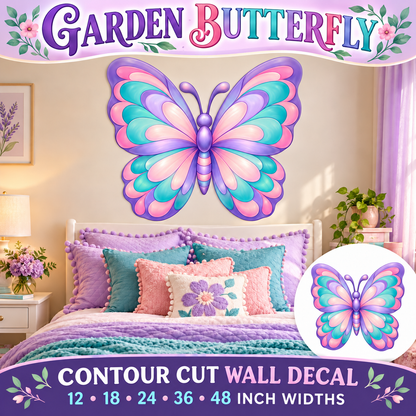 Garden Butterfly – Girls Room Wall Decal summary and bedroom mockup – 12 to 48 inch widths