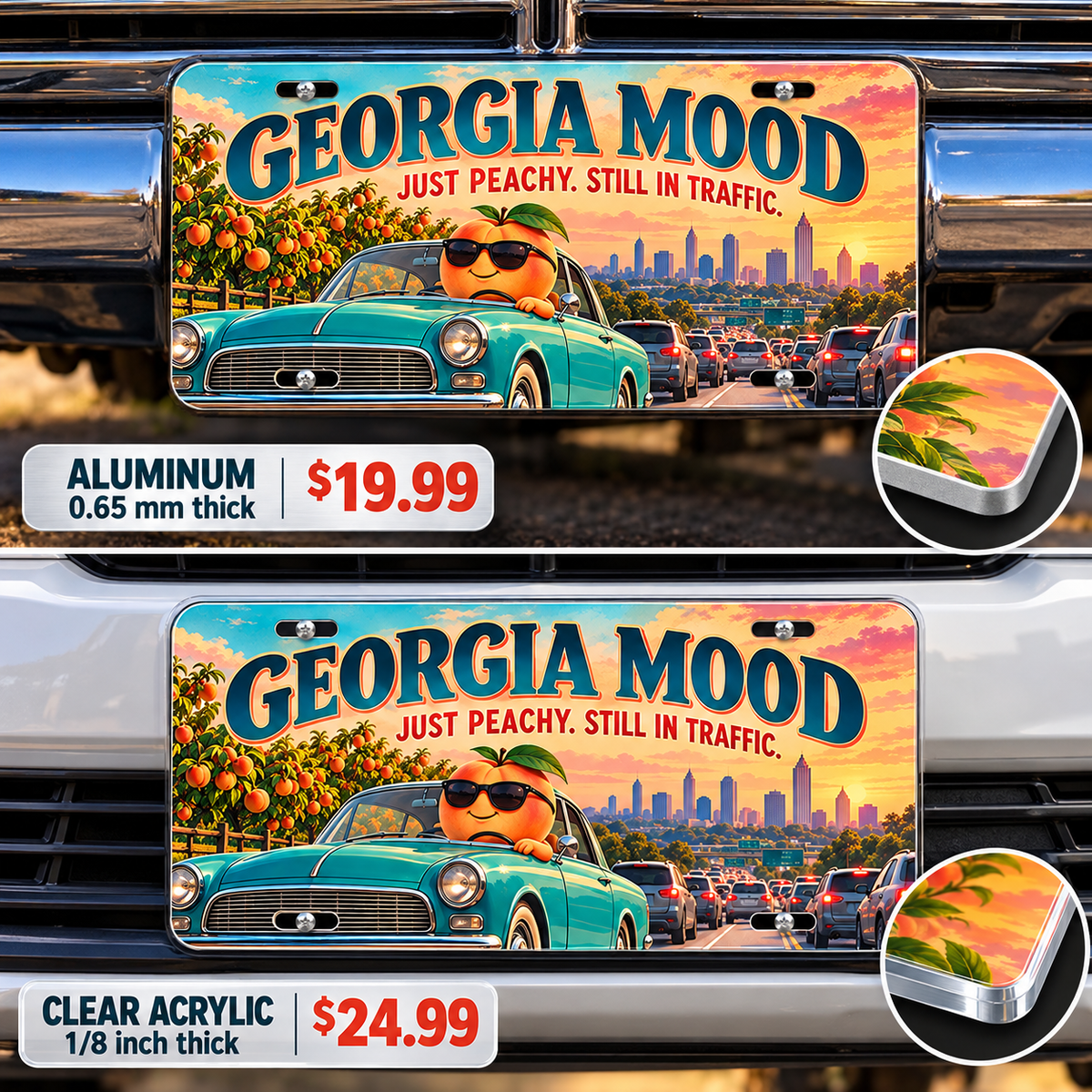Georgia Peachy Traffic funny license plate — aluminum and acrylic vehicle mockups