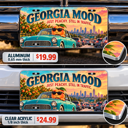 Georgia Peachy Traffic funny license plate — aluminum and acrylic vehicle mockups