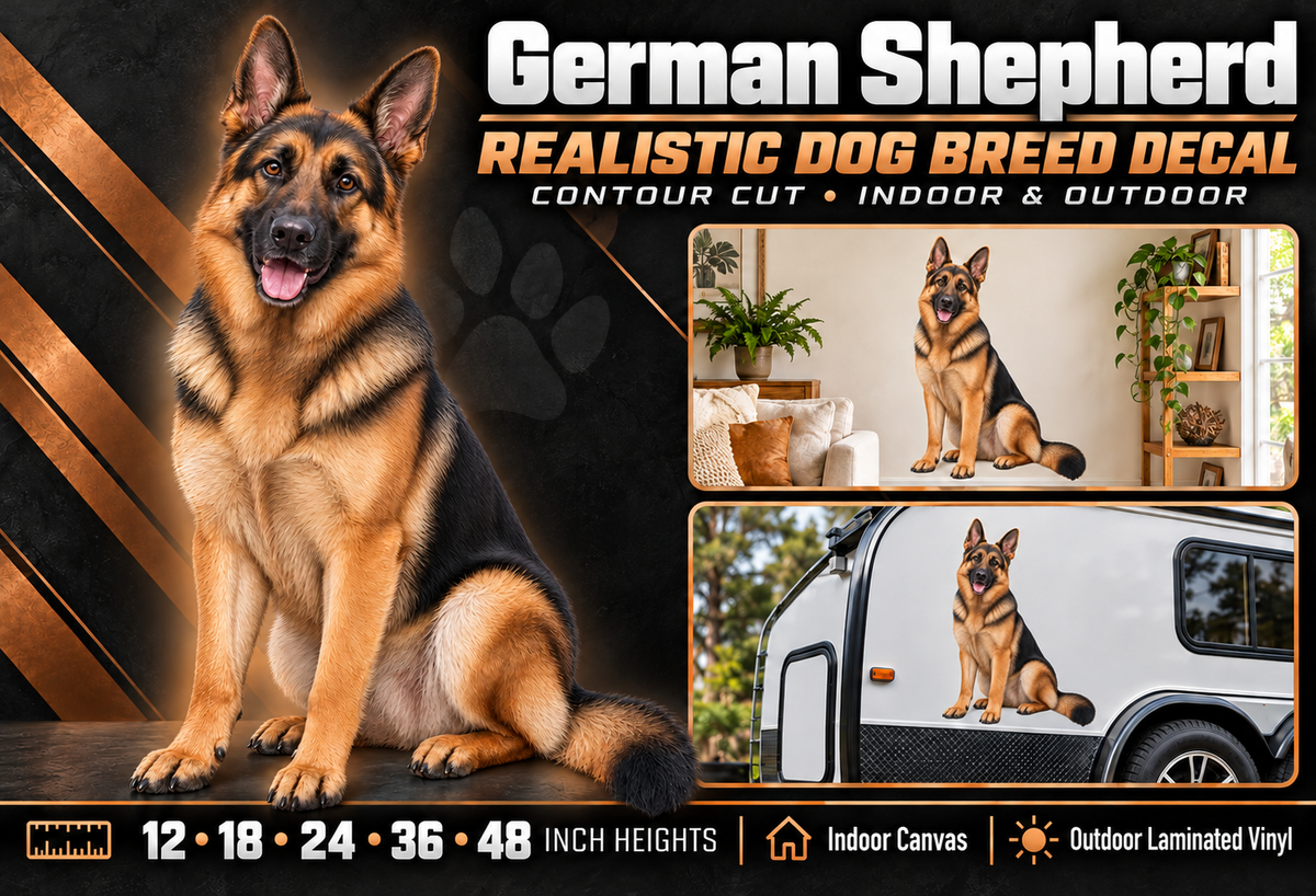 German Shepherd decal summary — 12, 18, 24, 36 and 48 inch heights