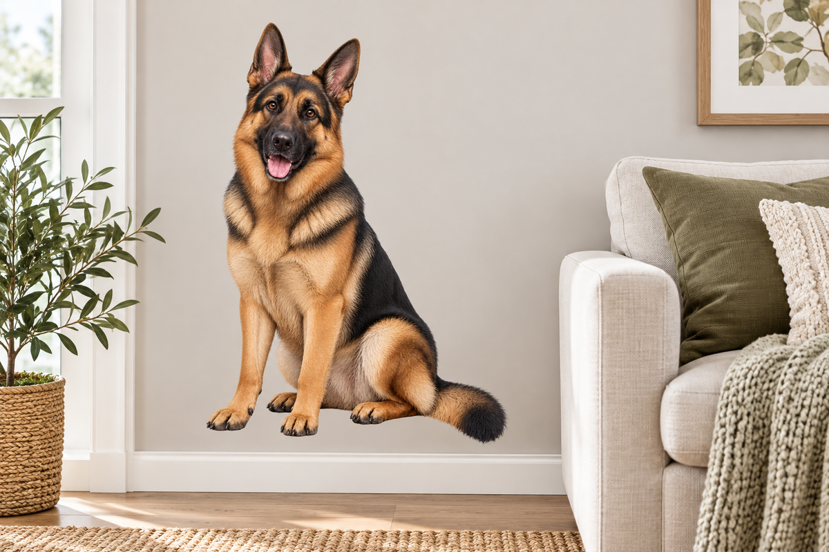 German Shepherd contour cut dog decal living room wall mockup