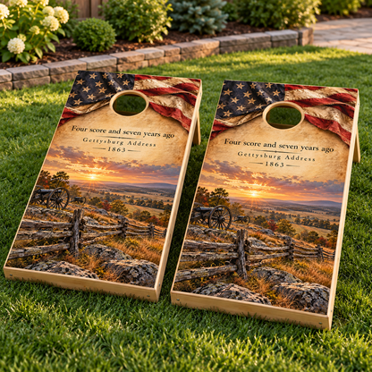 Gettysburg Remembrance Cornhole Board Wraps installed on two boards; boards not included