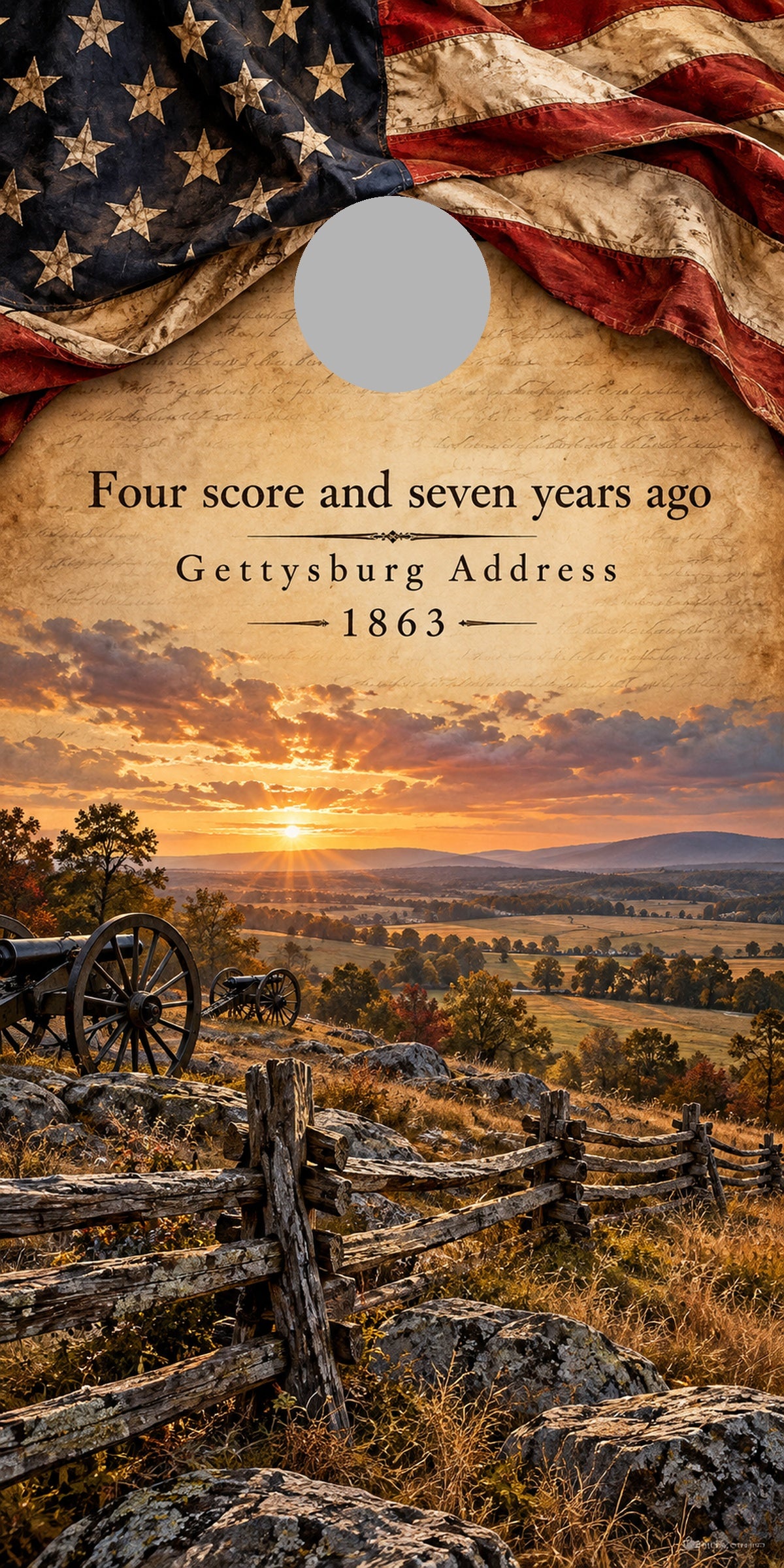 Gettysburg Remembrance Cornhole Board Wraps proof with regulation gray hole-position marker