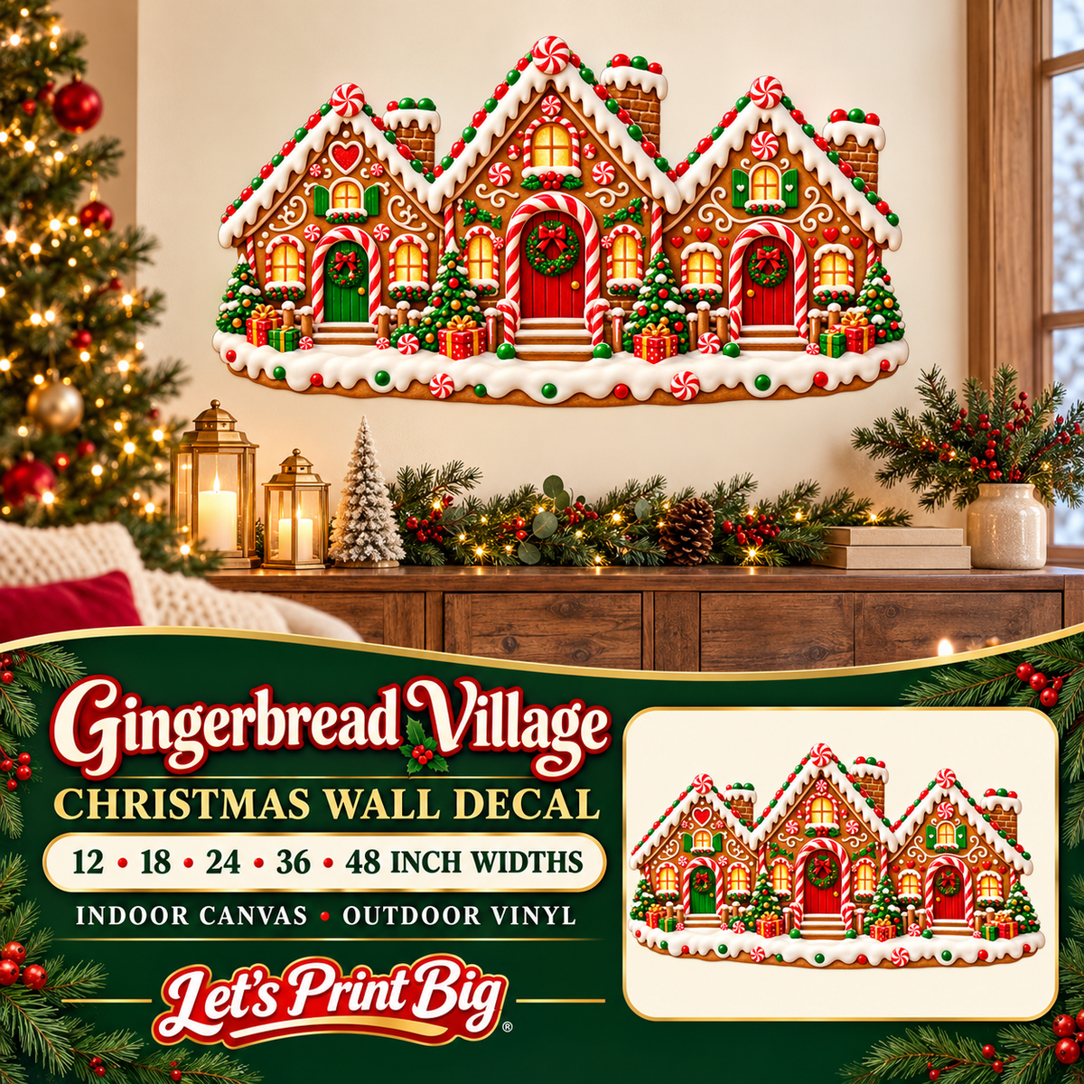 Gingerbread Village Christmas wall decal summary – 12 to 48 inch widths