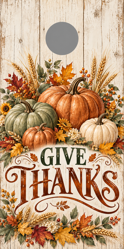 Give Thanks Rustic Pumpkin Cornhole Board Wraps with gray hole placement preview