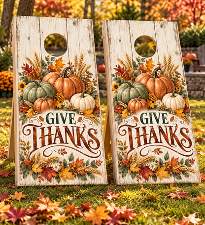 Give Thanks Rustic Pumpkin Cornhole Board Wraps on matching pair of cornhole boards