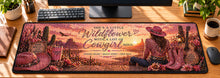Glam Cowgirl Sunset Desk Mat in use on a warm wood office desk — overhead workspace view