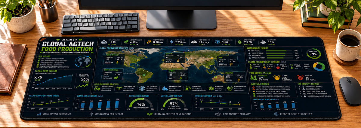 Global AgTech Food Production Desk Mat in use on a warm wood office desk — overhead workspace view