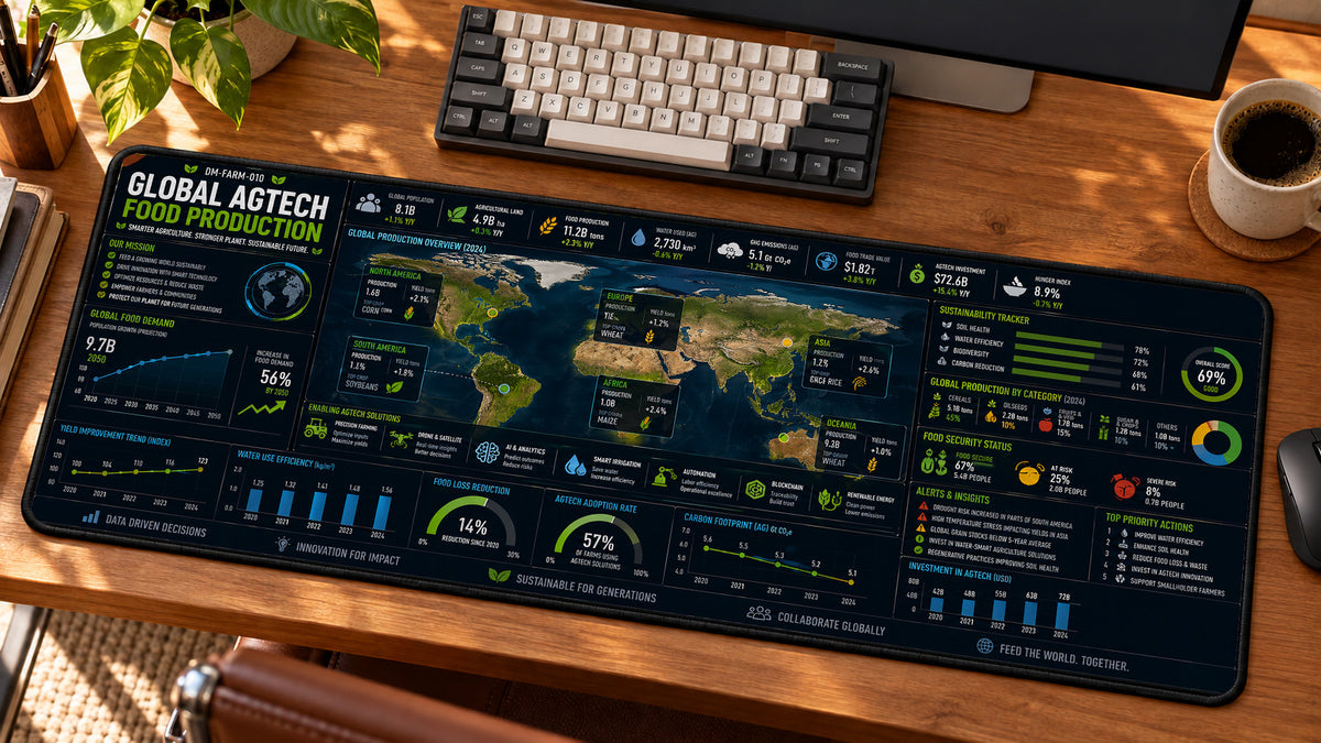 Global AgTech Food Production Desk Mat in use on a warm wood office desk — angled workspace view