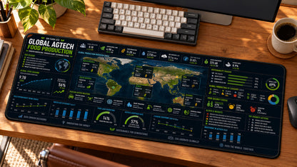 Global AgTech Food Production Desk Mat in use on a warm wood office desk — angled workspace view