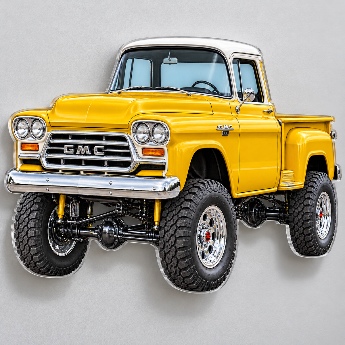 1958 GMC 100 NAPCO Golden Yellow and White contour-cut clear acrylic sign angled wall view with floating shadow
