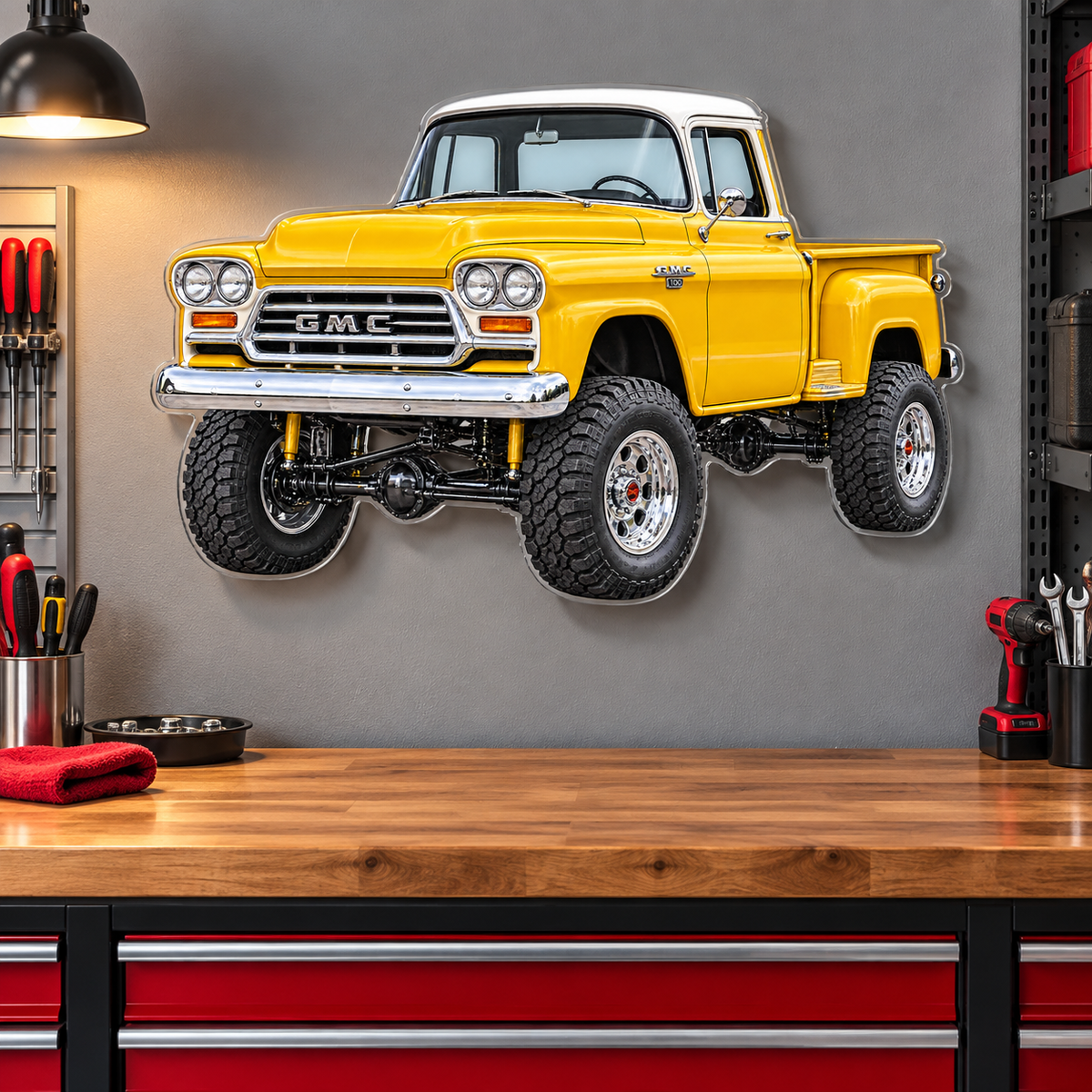 1958 GMC 100 NAPCO yellow and white acrylic wall sign above garage workbench