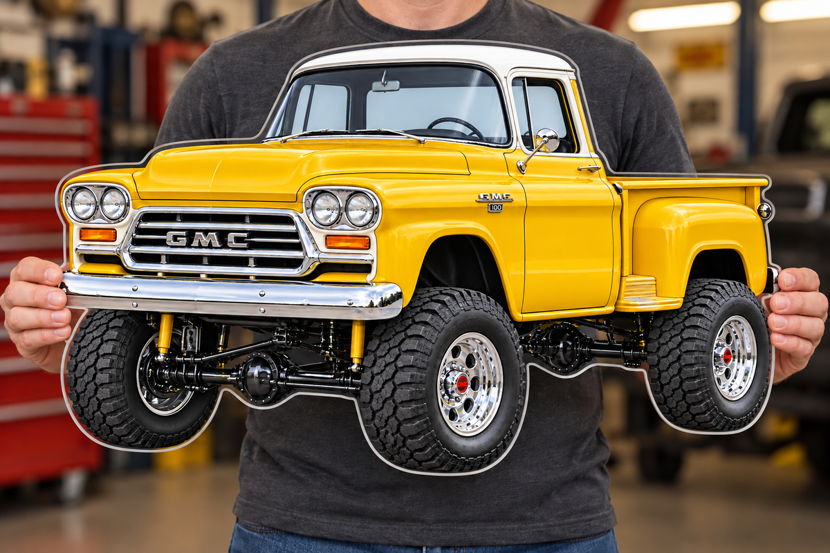Person holding Golden Yellow and White 1958 GMC NAPCO contour-cut clear acrylic sign, illustrative mockup