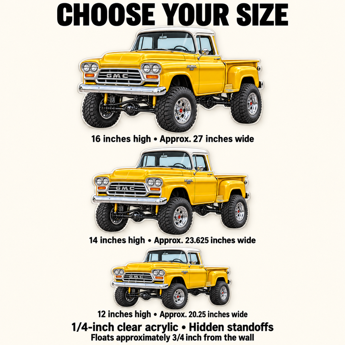 1958 GMC NAPCO acrylic sign size guide: 12, 14 and 16 inch heights with approximate proportional widths