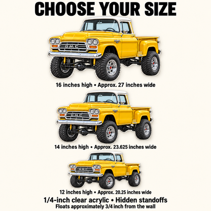 1958 GMC NAPCO acrylic sign size guide: 12, 14 and 16 inch heights with approximate proportional widths
